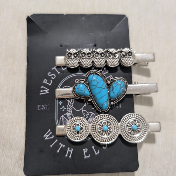 Silver and Turquoise Hair Clip Set - Picture 1 of 5
